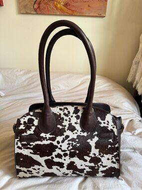 Brown and White Cowhide Satchel Handbag